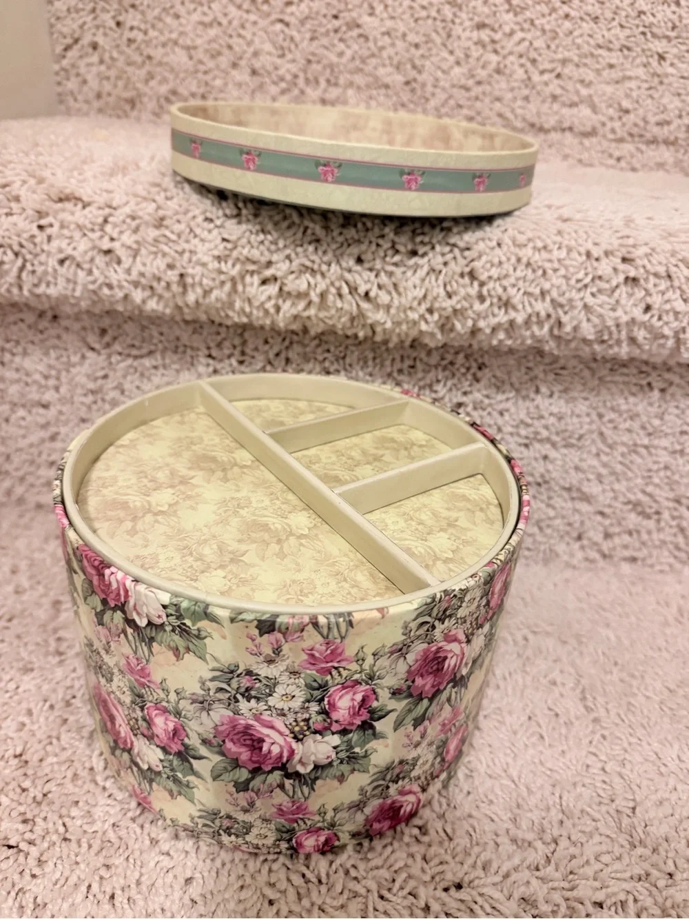 Floral Round Jewelry Organizer Box with Removable Tray - Pink